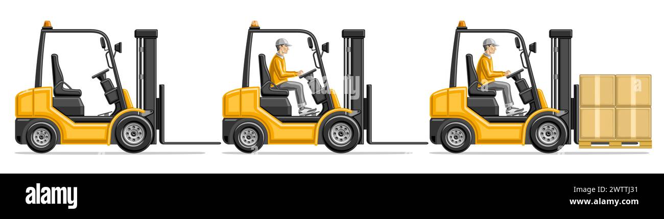 Vector illustration of Forklift Trucks, set of profile side view empty commercial forklift for logistic company and yellow forklift loader with post p Stock Vector