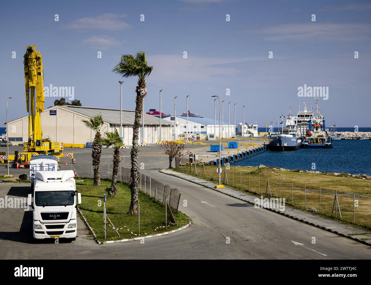 LARNACA - Jennifer, a ship with relief supplies, is ready in the port of Larnaca in Cyprus to leave for Gaza. The Netherlands is contributing 10 million euros to the humanitarian maritime corridor. ANP SEM VAN DER WAL netherlands out - belgium out Stock Photo