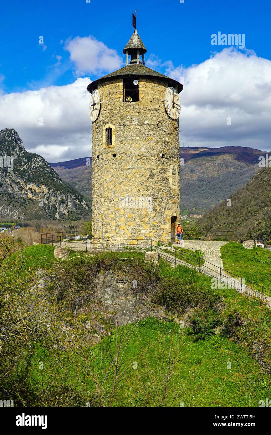 Old clock tower above Tarascon sur Ariege area of the French Pyrenees, Ariege, France Stock Photo
