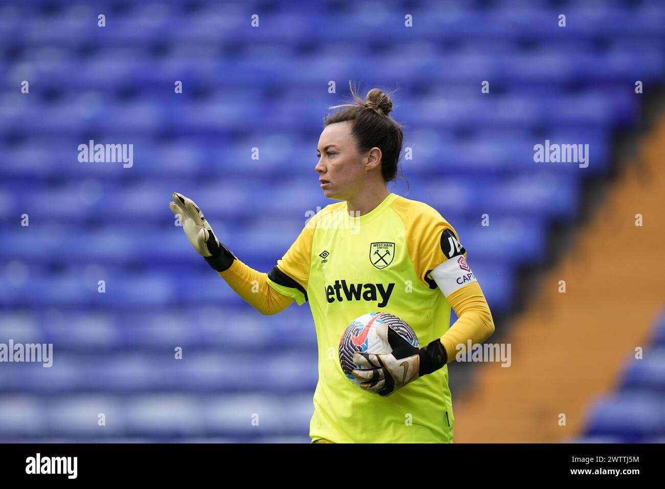 Liverpool FC v West Ham United FC Barclays Womens Super League  PRENTON PARK TRANMERE ENGLAND MARCH 2024.     Mackenzie Arnold of West Ham during the Barclays Women´s Super League match between Liverpool FC andWest Ham United FC at  Prenton Park Tranmere on March 17th 2024 in Birkenhead, England. (Photo Alan Edwards for F2images) Stock Photo