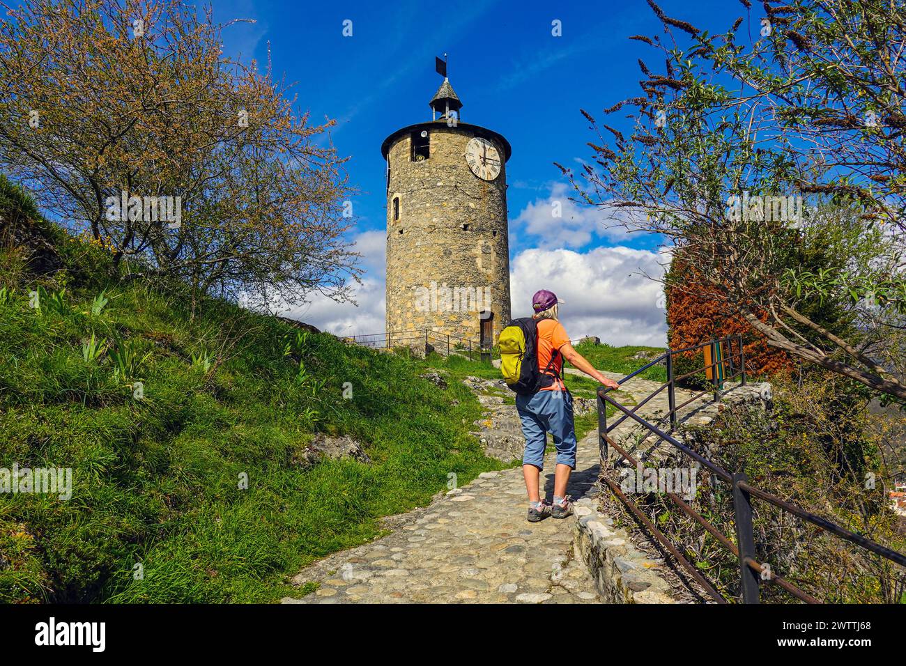 Old clock tower above Tarascon sur Ariege area of the French Pyrenees, Ariege, France Stock Photo