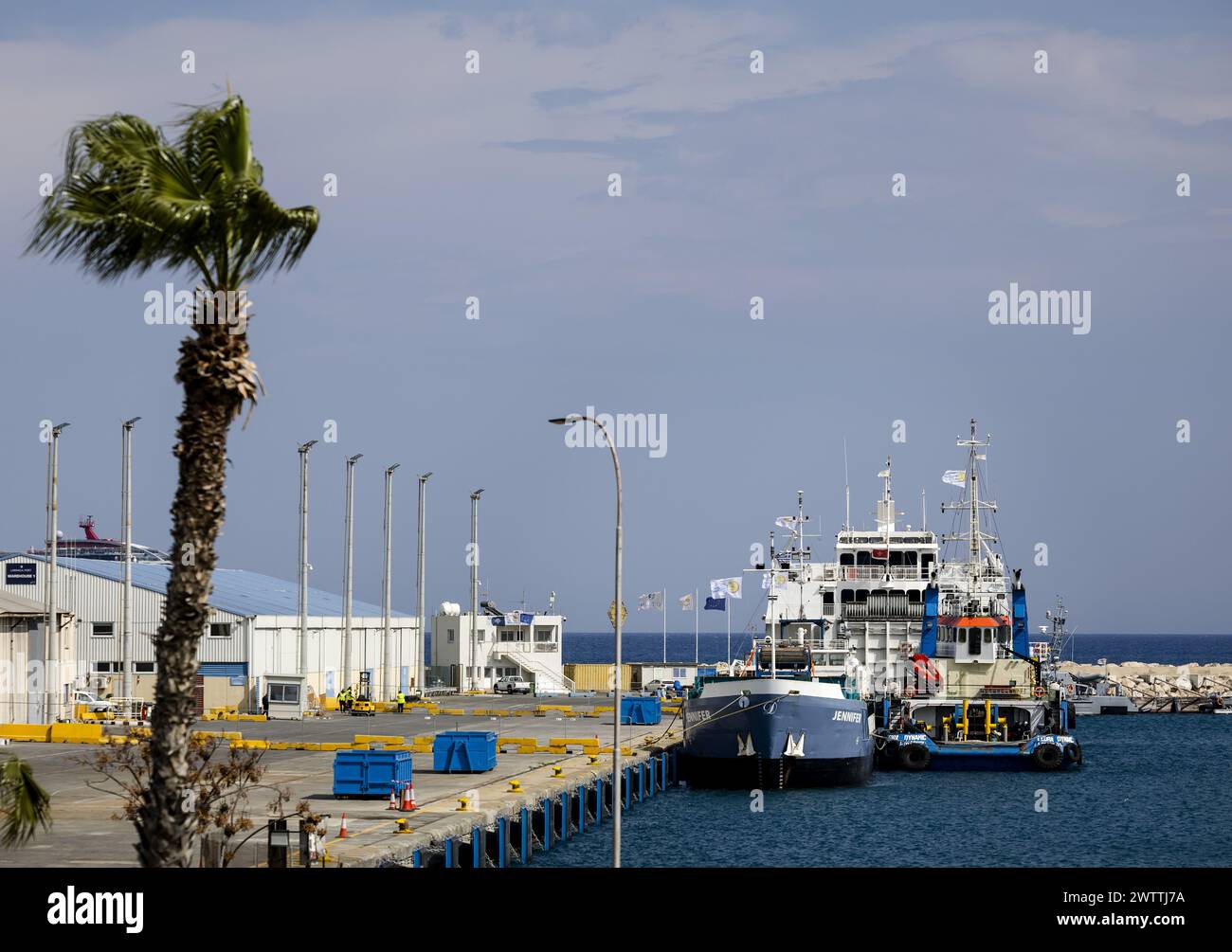 LARNACA - Jennifer, a ship with relief supplies, is ready in the port of Larnaca in Cyprus to leave for Gaza. The Netherlands is contributing 10 million euros to the humanitarian maritime corridor. ANP SEM VAN DER WAL netherlands out - belgium out Stock Photo