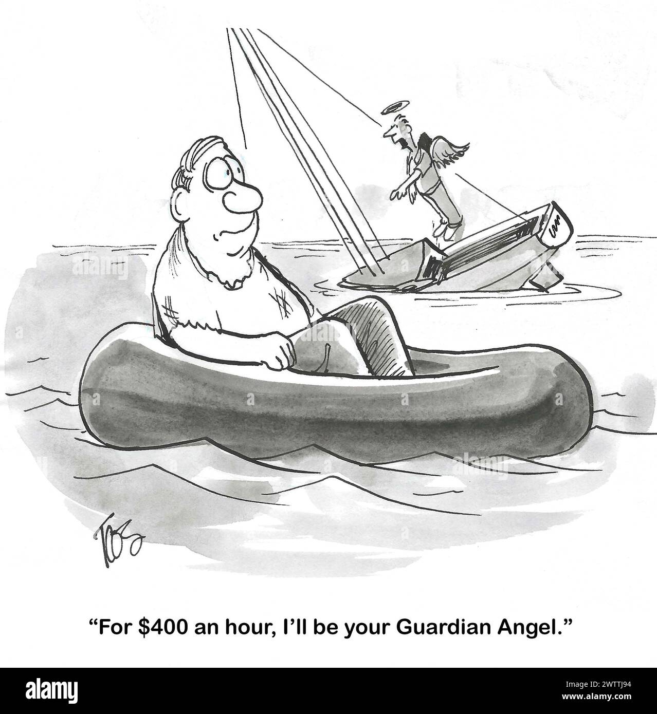 BW cartoon of a man adrift at sea.  His guardian angel offers services for a fee. Stock Photo