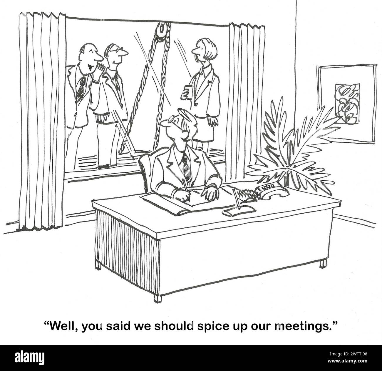 BW cartoon of a man in his work office.  His subordinates are outside his window, he told them they need to spice up their meetings. Stock Photo