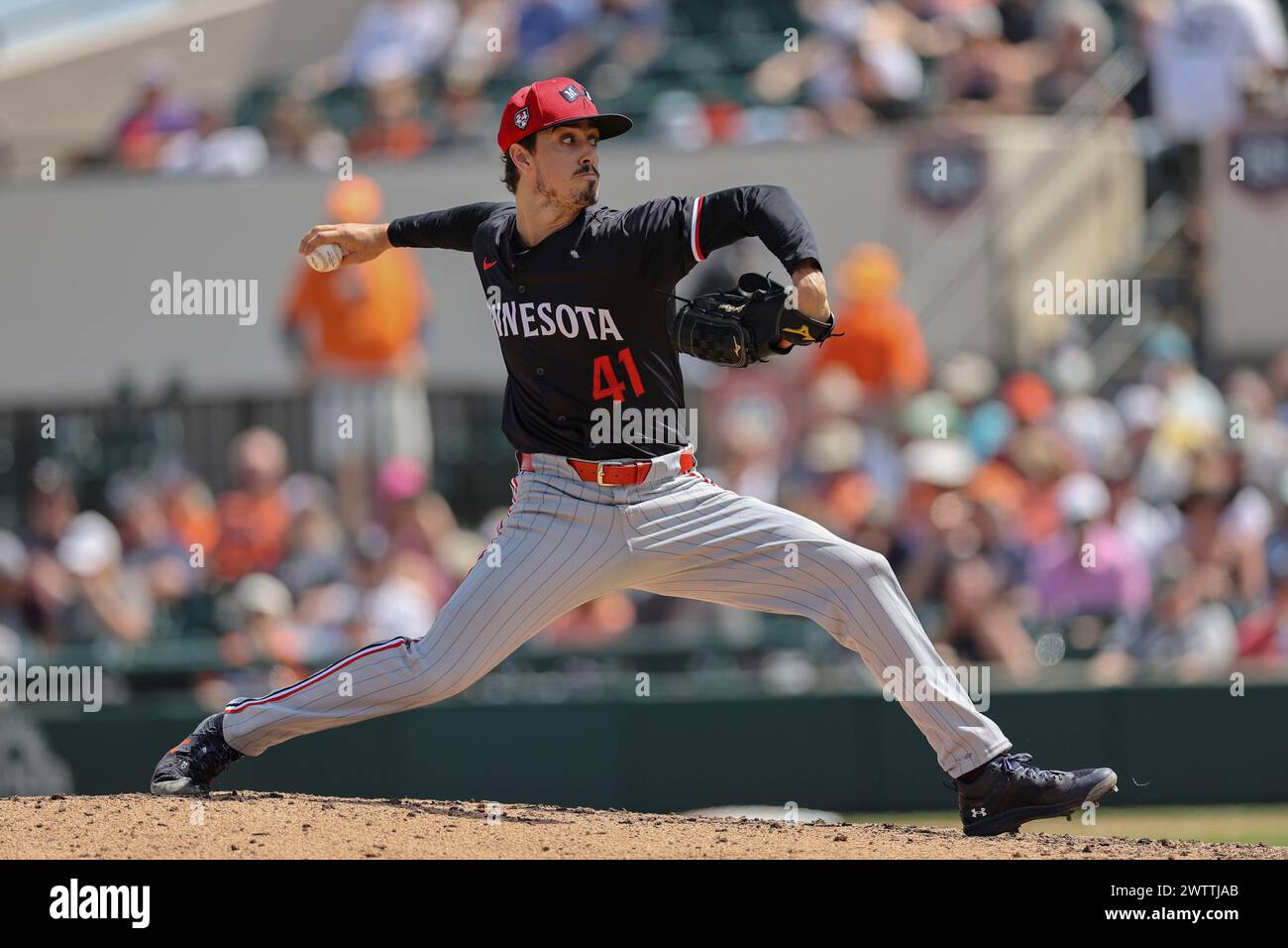 Lakeland FL USA; Minnesota Twins starting pitcher Joe Ryan (41) delivers a pitch during an MLB spring training game against the Detroit Tigers on Marc Stock Photo