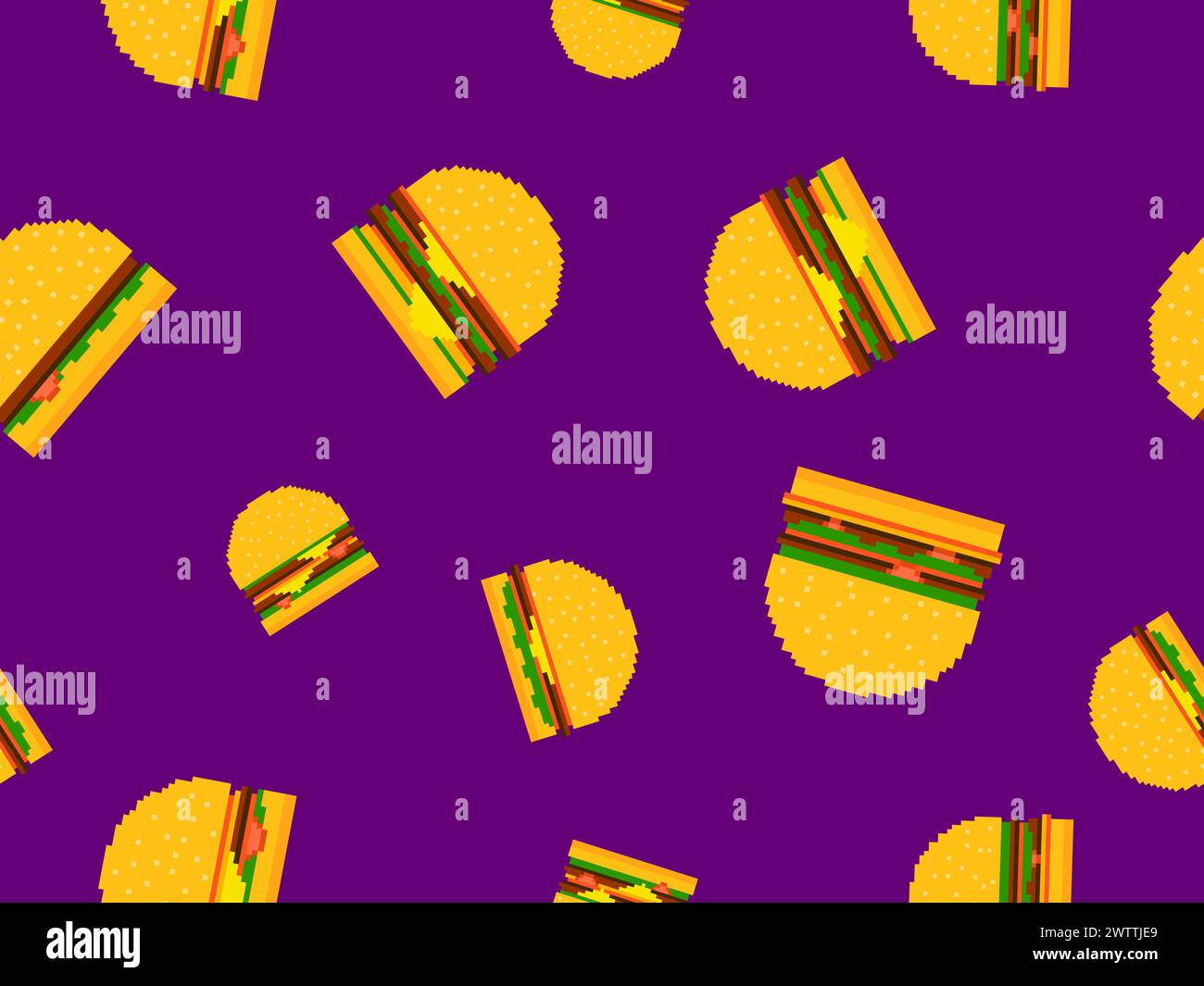 Seamless pattern with burgers in pixel art style. Pixel cheeseburgers and hamburgers with two cutlets and cheese. 8-bit fast food in retro style from Stock Vector