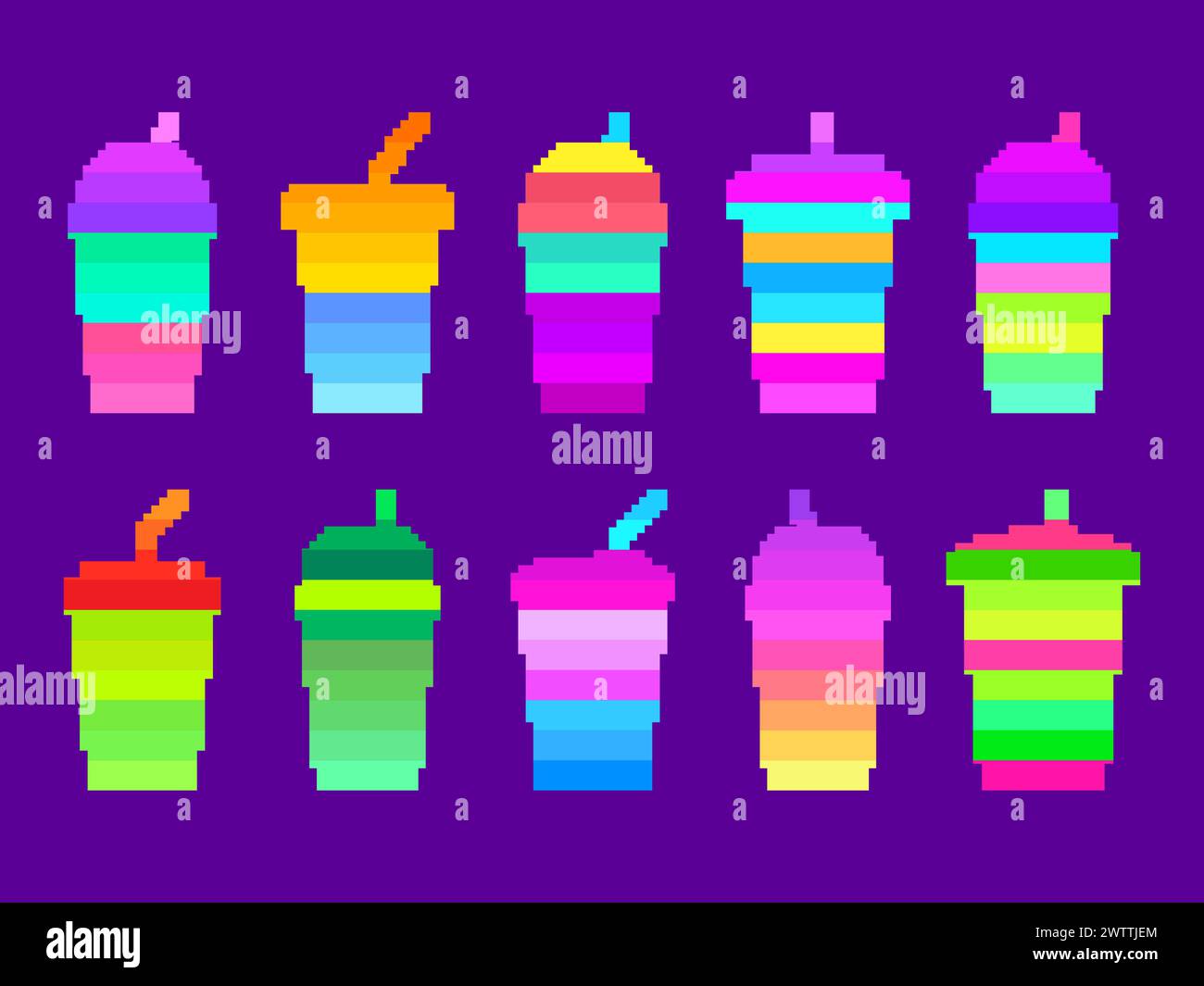 Plastic and paper cups in pixel art style. Pixel icons of paper glasses with carbonated soft drinks. 8-bit smoothie glass with straw in retro video ga Stock Vector