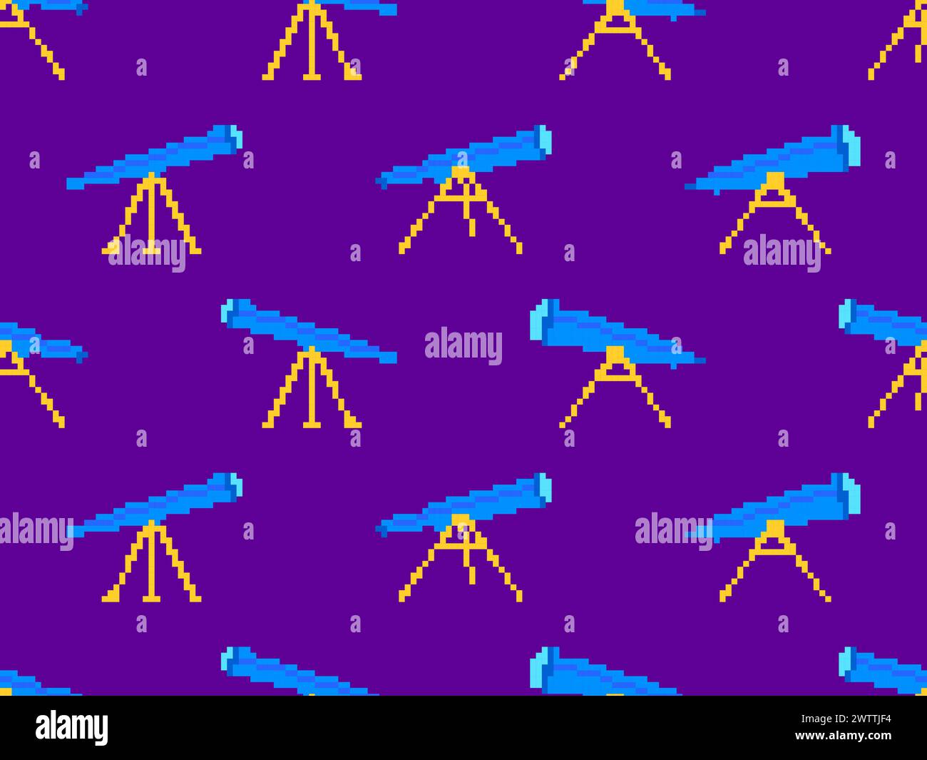 Pixel telescope seamless pattern. Telescope on a tripod in pixel art style. 8-bit astronomical telescope for observing outer space. Design for print w Stock Vector