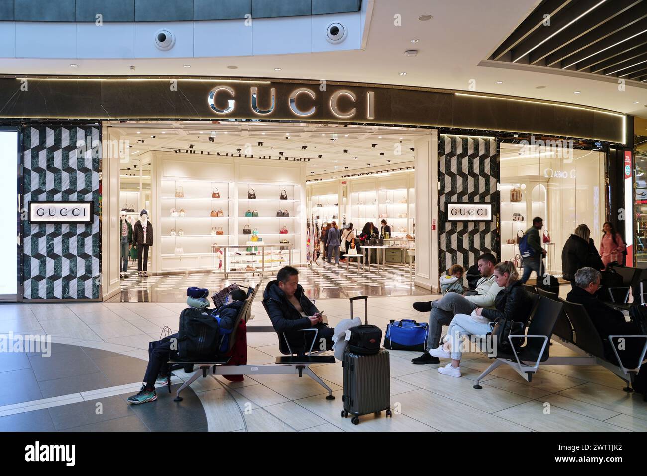 ROME, ITALY, Feb 20, 2024: GUCCI duty free shop at the international airport Fiumicino Stock Photo