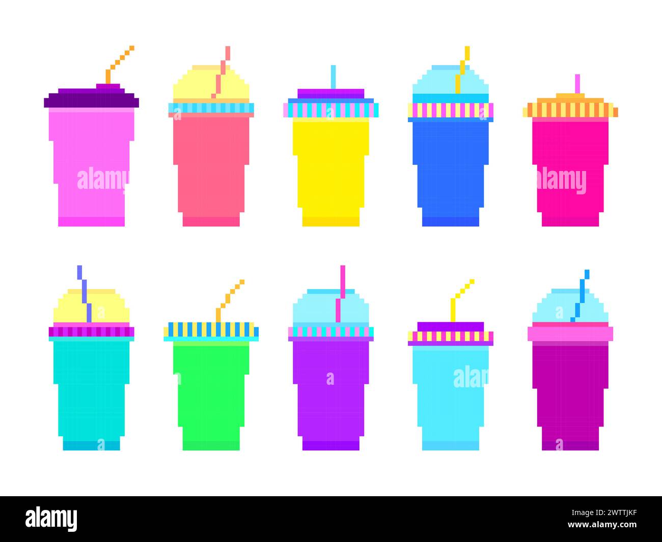 Plastic and paper cups in pixel art style isolated on a white background. Pixel icons of paper glasses with carbonated soft drinks. 8-bit smoothie gla Stock Vector