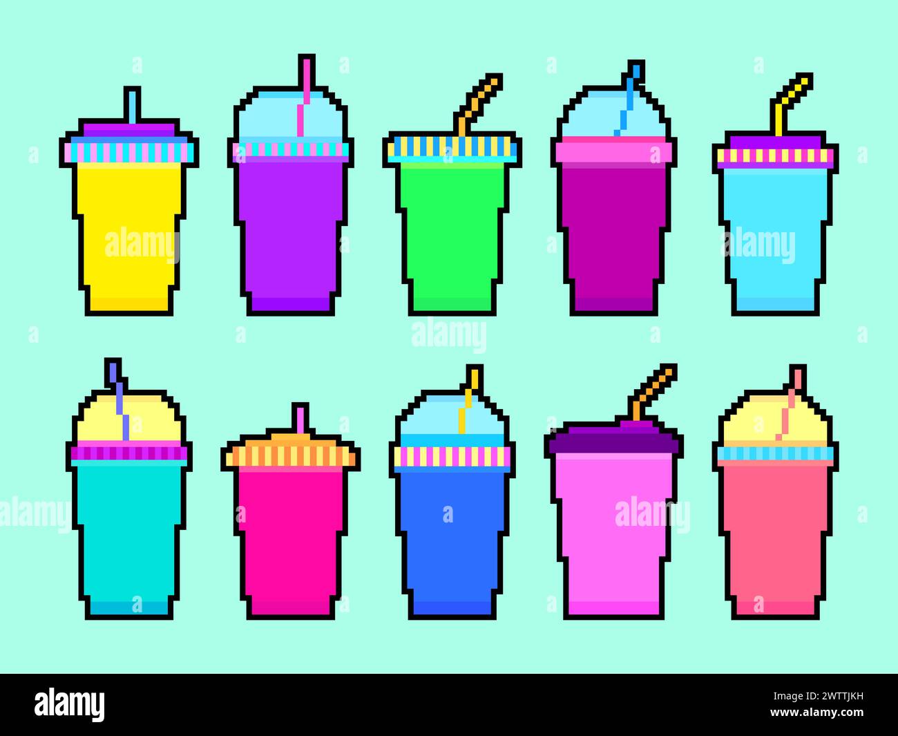 Plastic and paper cups in pixel art style. Pixel icons of paper glasses with carbonated soft drinks. 8-bit smoothie glass with straw in retro video ga Stock Vector