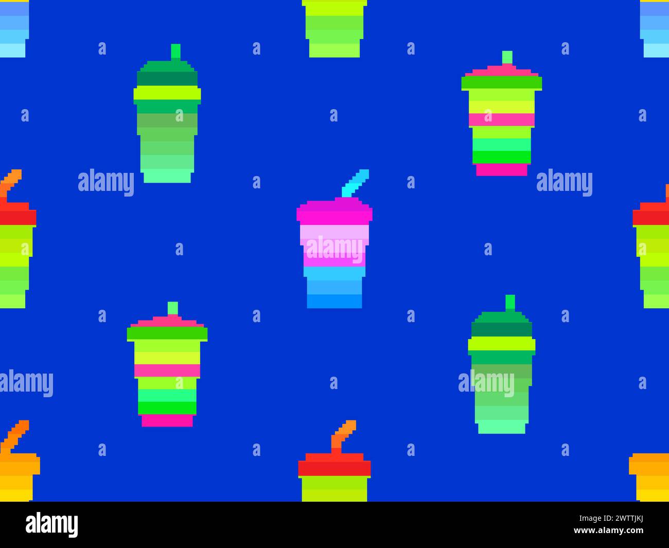Seamless pattern with plastic or paper cups with straws in pixel art style. Pixel paper glasses for carbonated drinks. 8-bit smoothie glass with straw Stock Vector