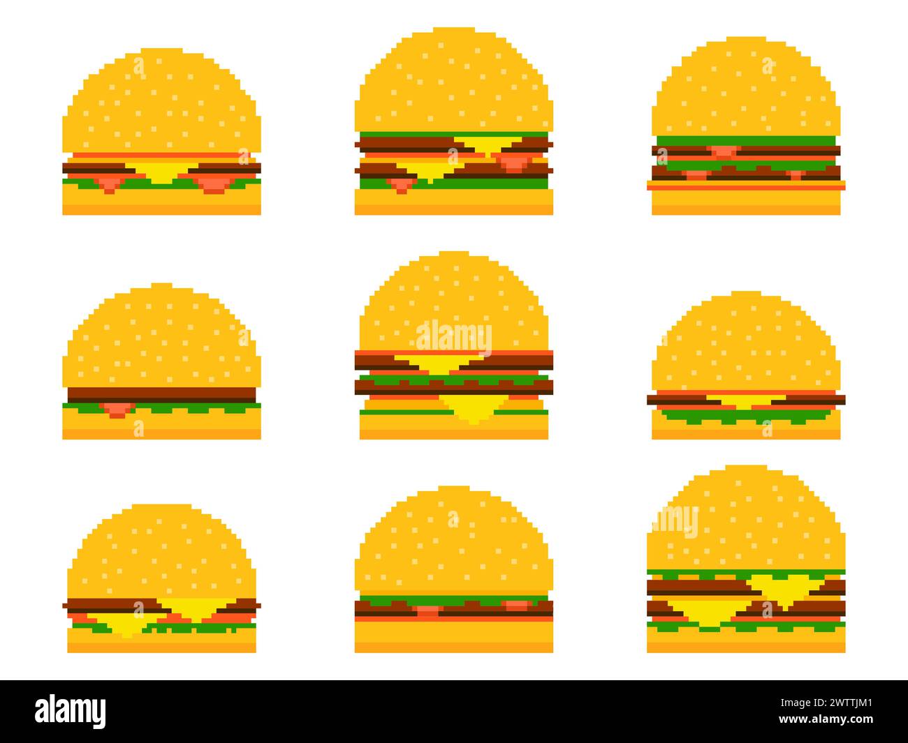 Pixel burger icon set isolated on white background. 8-bit cheeseburger with two cutlets and cheese. Collection of cheeseburger and hamburger icons in Stock Vector