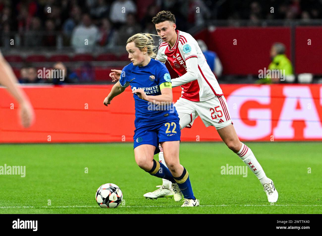 AMSTERDAM - (l-r) Erin Cuthbert of Chelsea FC, Kay-Lee de Sanders of Ajax during the UEFA Champions League Women's Quarterfinal match between Ajax and Chelsea FC at the Johan Cruijff ArenA on March 19, 2024 in Amsterdam, Netherlands. ANP GERRIT VAN COLOGNE Stock Photo