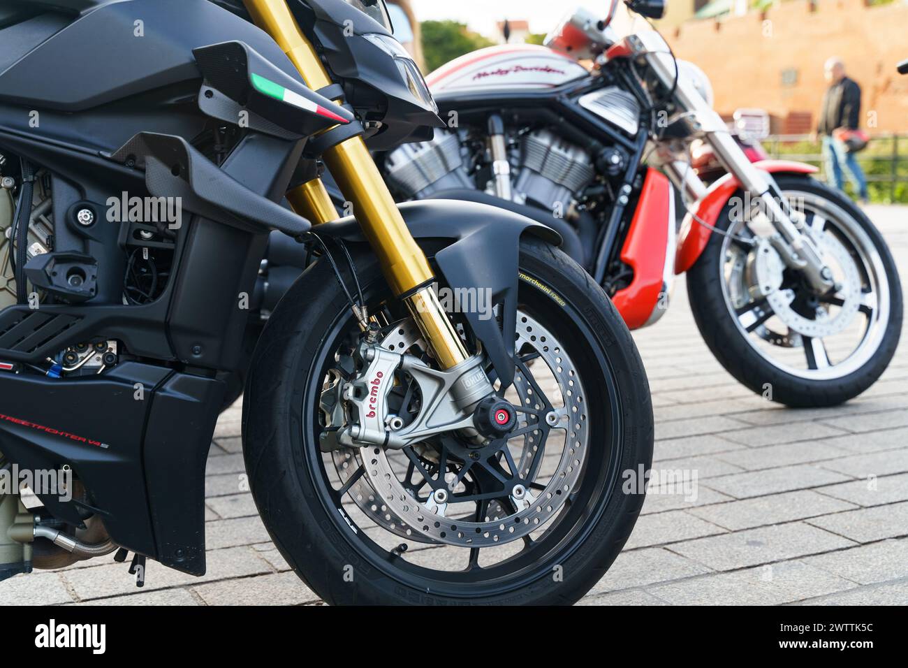 Warsaw, Poland - August 6, 2023: Detail view of the Ducati streetfighter v4 motorcycle Stock Photo