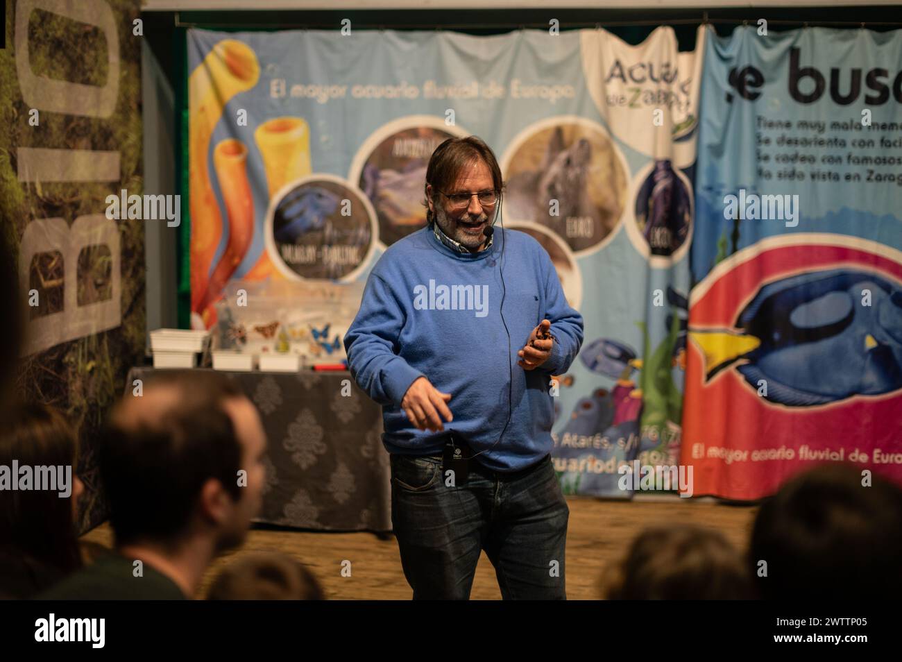 Arthropods Workshop taught by the entomologist and environmental disseminator Sergi Romeu Valles at Zaragoza River Aquarium, the largest in Europe Stock Photo