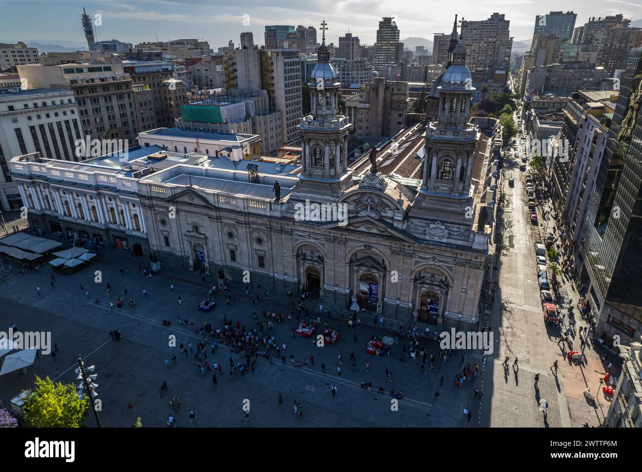 Aerial view of the Church of San Vicente de Ferrer de Los Dominicos in Santiago de Chile and magnificent City Stock Photo