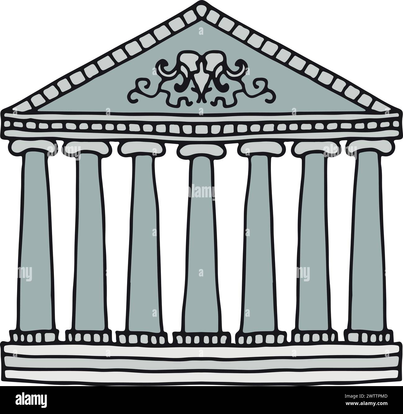 Building facade with classic columns color doodle drawing Stock Vector
