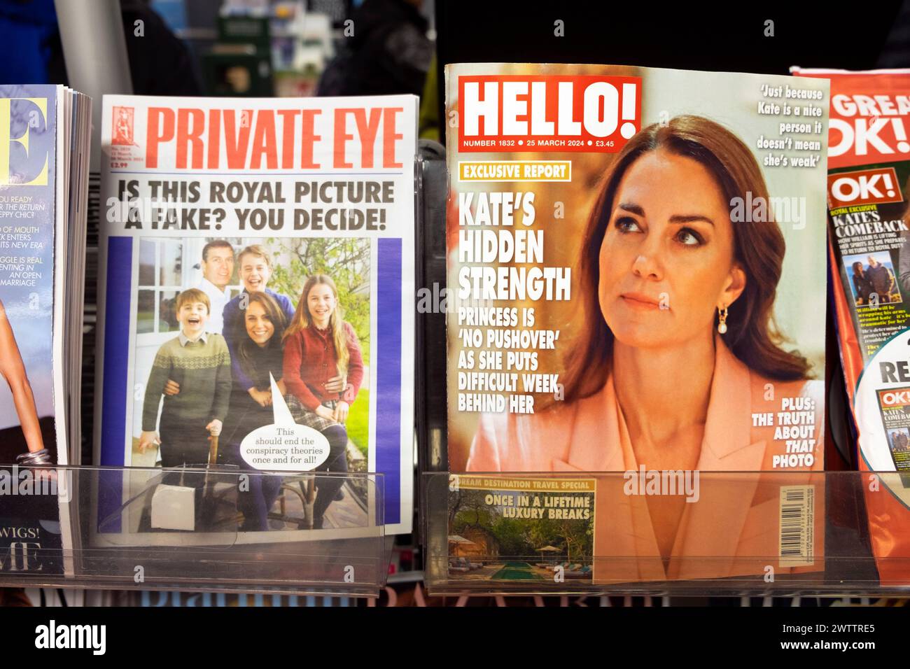 Kate Middleton Princess of Wales on front cover of Hello! magazine and with children Private Eye in supermarket magazines shelf March 2024 London UK Stock Photo