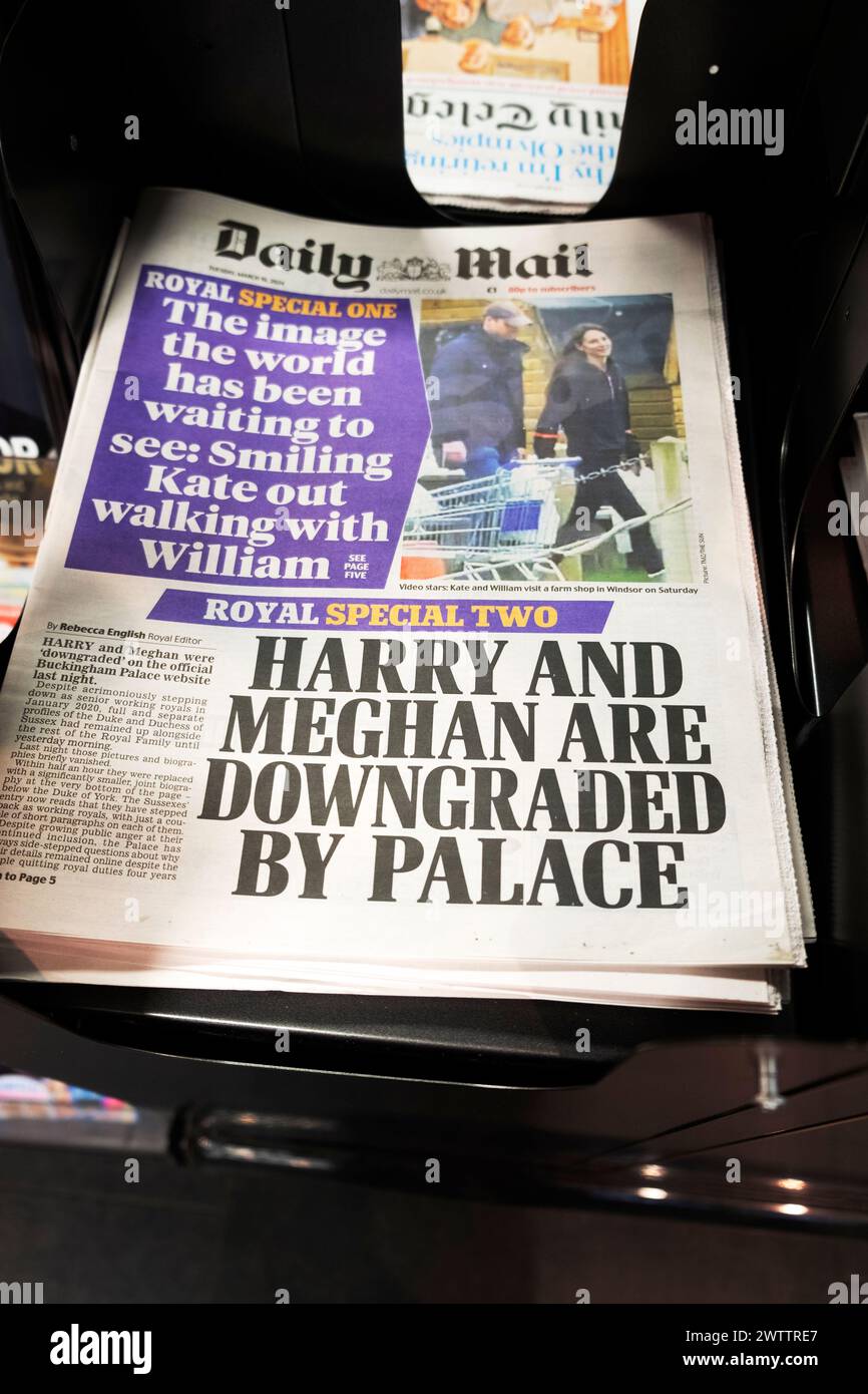 'Kate out walking with William' Harry and Meghan are Downgraded By Palace' Daily Mail newspaper headlines front page 19 March 2024 London England UK Stock Photo