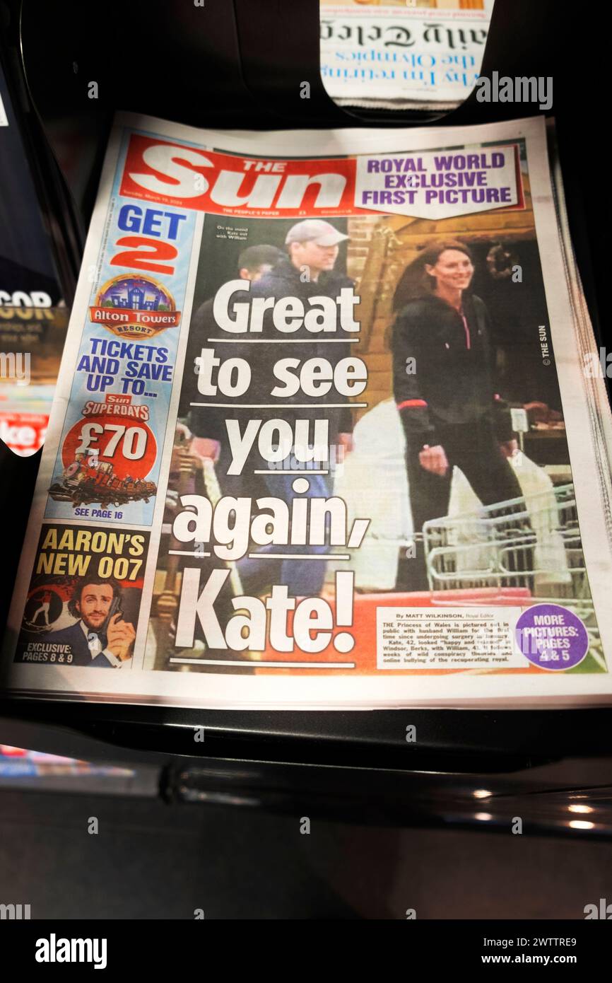 'Great to see you again, Kate!' The Sun newspaper headline front page Prince William and Princess Kate on newsstand London England UK 19 March 2024 Stock Photo