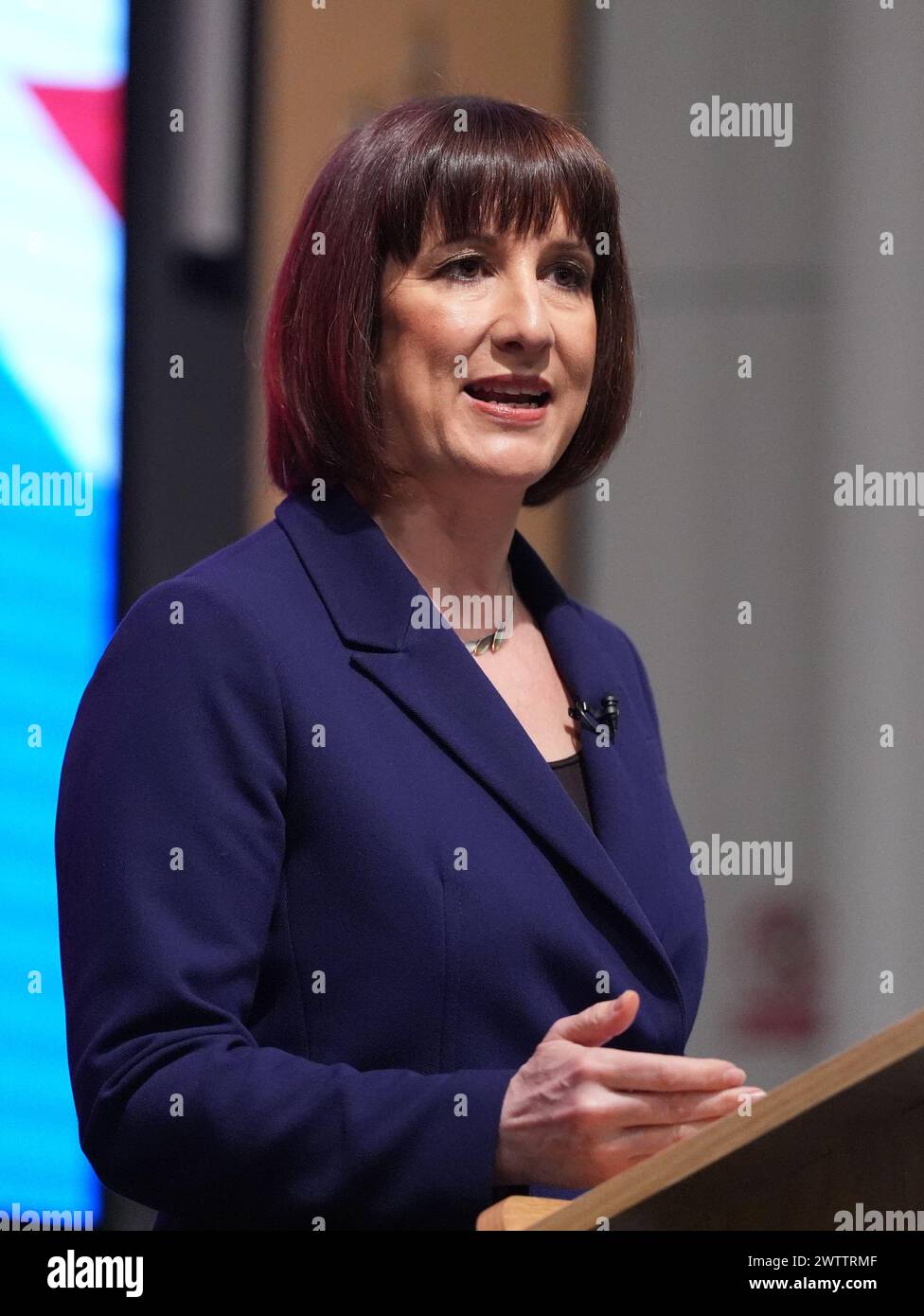 Shadow chancellor Rachel Reeves gives a speech at the Mais lecture held at the Bayes Business School at the City University of London. Picture date: Tuesday March 19, 2024. Stock Photo
