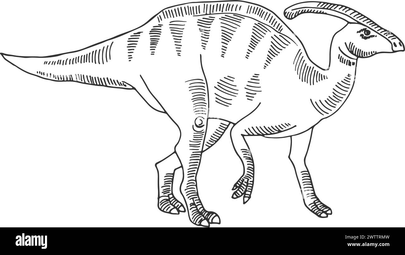 Parasaurolophus dinosaur sketch. Paleontology symbol. Ancient animal Stock Vector
