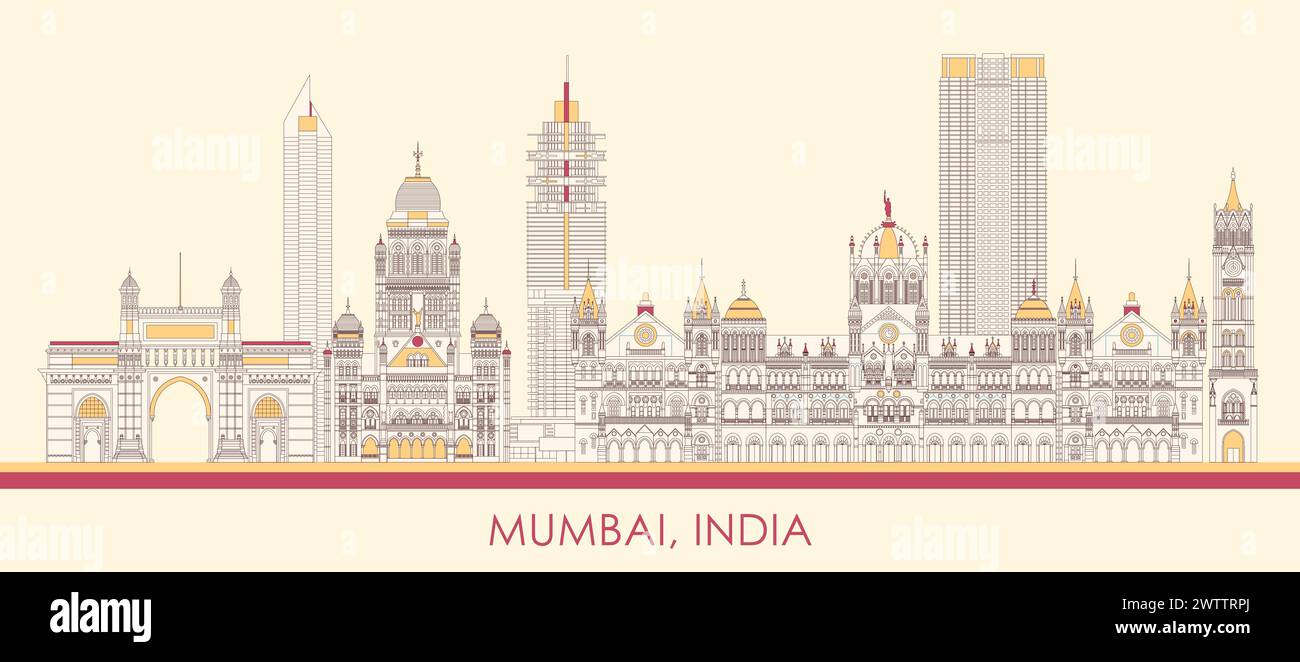 Cartoon Skyline panorama of city of Mumbai, India - vector illustration ...