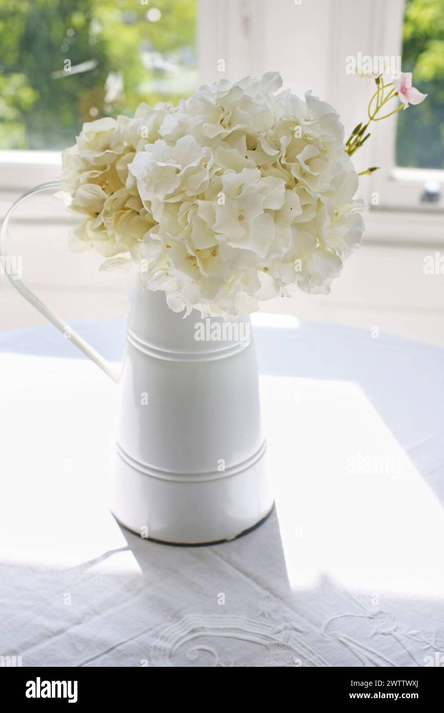 White flowers in a white vase on a table Stock Photo