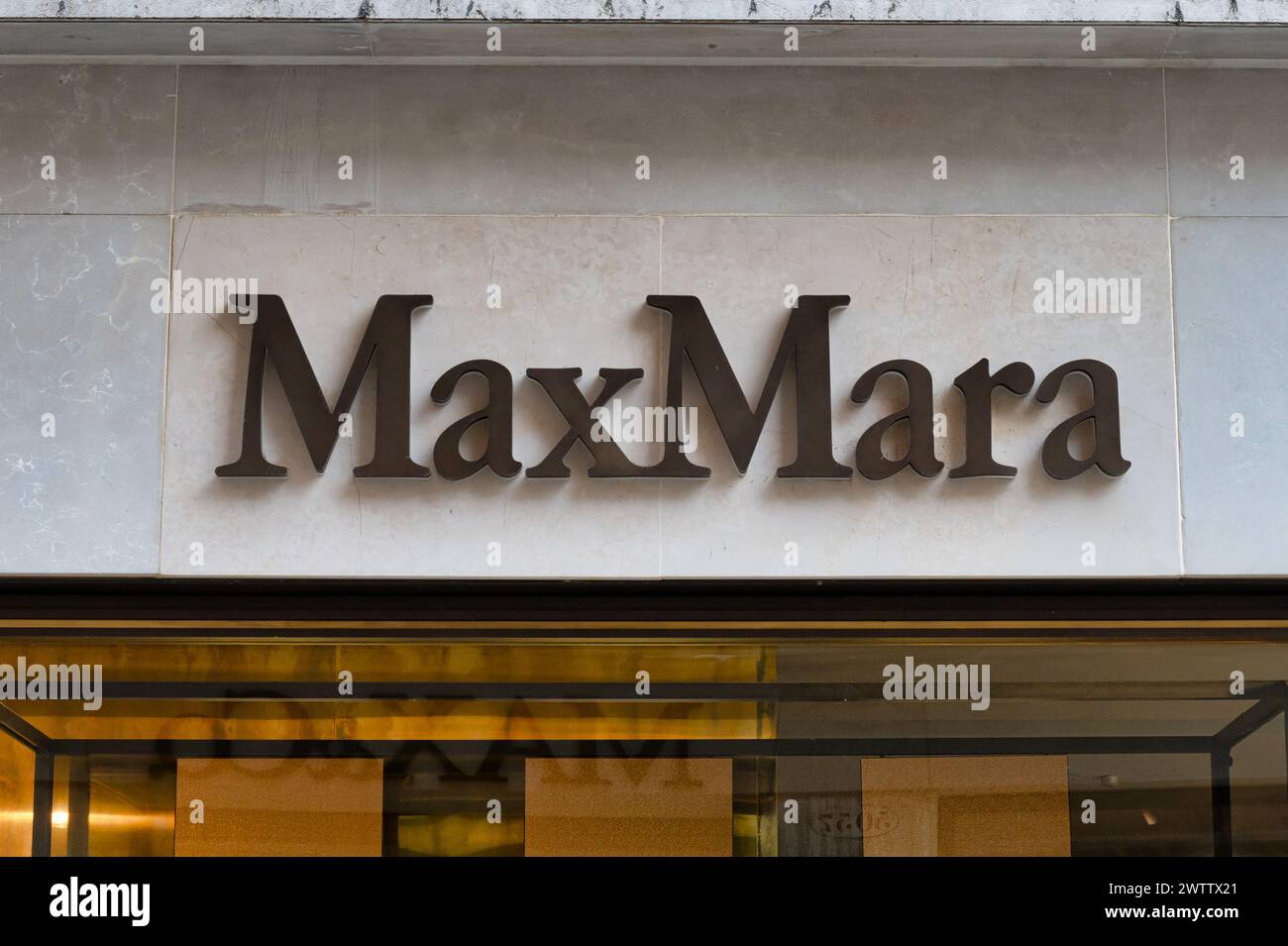 Venice, Italy- Feb 27, 2023: The sign for MaxMara in Venice Italy. Stock Photo