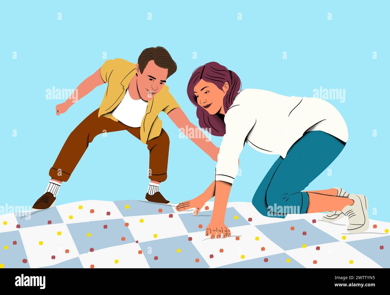 Young couple enjoying a playful game of Twister outdoors, sharing a joyful moment Stock Photo