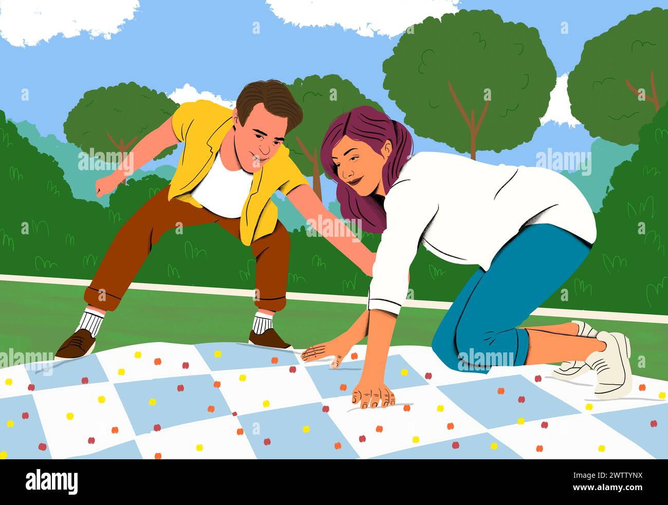 Two friends enjoying a playful game outdoors on a sunny day. Stock Photo