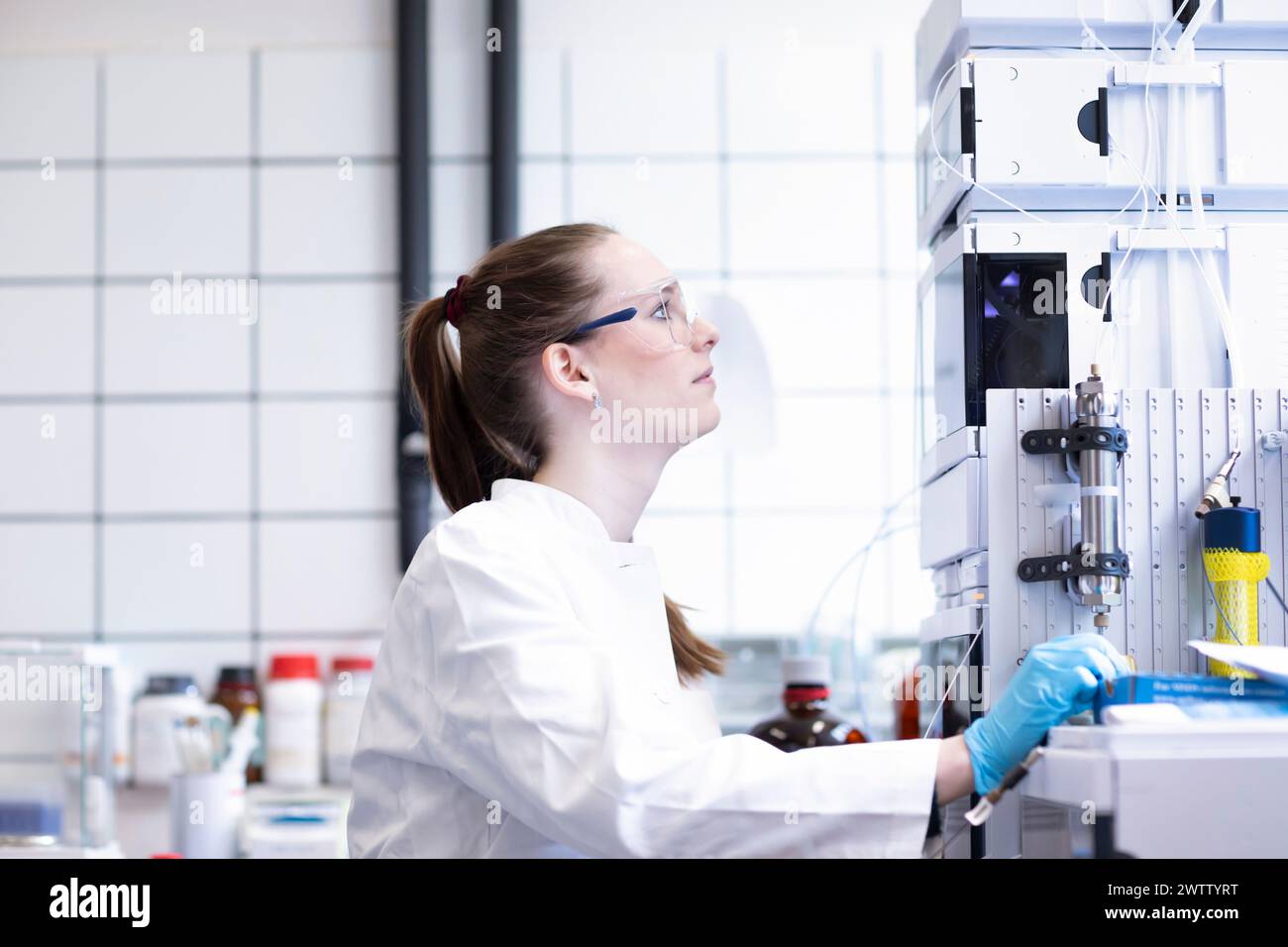 Scientist conducting research in a laboratory Stock Photo