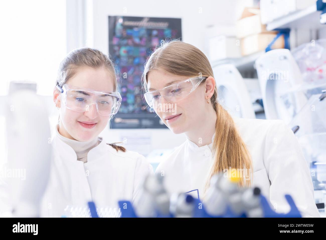 Two scientists analyzing samples in a laboratory Stock Photo
