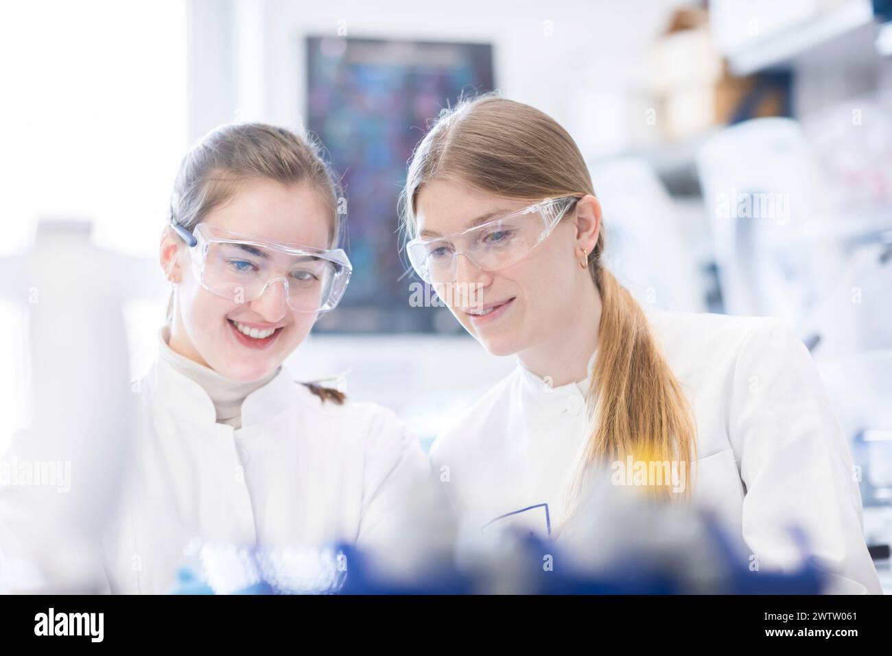 Two scientists engaged in a lively discussion over an experiment in the lab. Stock Photo