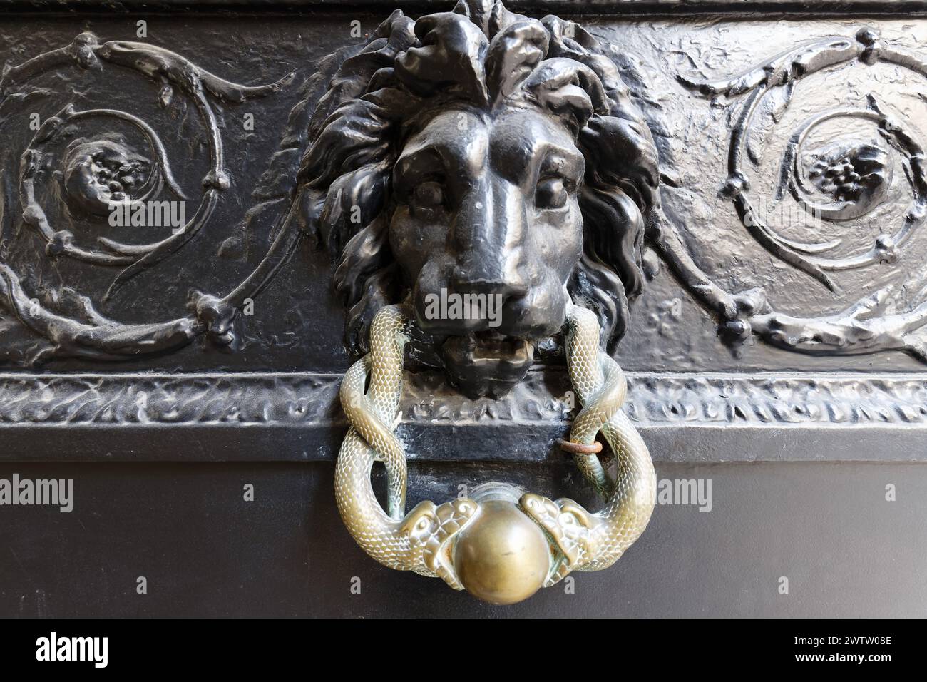 European Vintage old metal wrought iron door knocker. Design detail. Paris.France Stock Photo