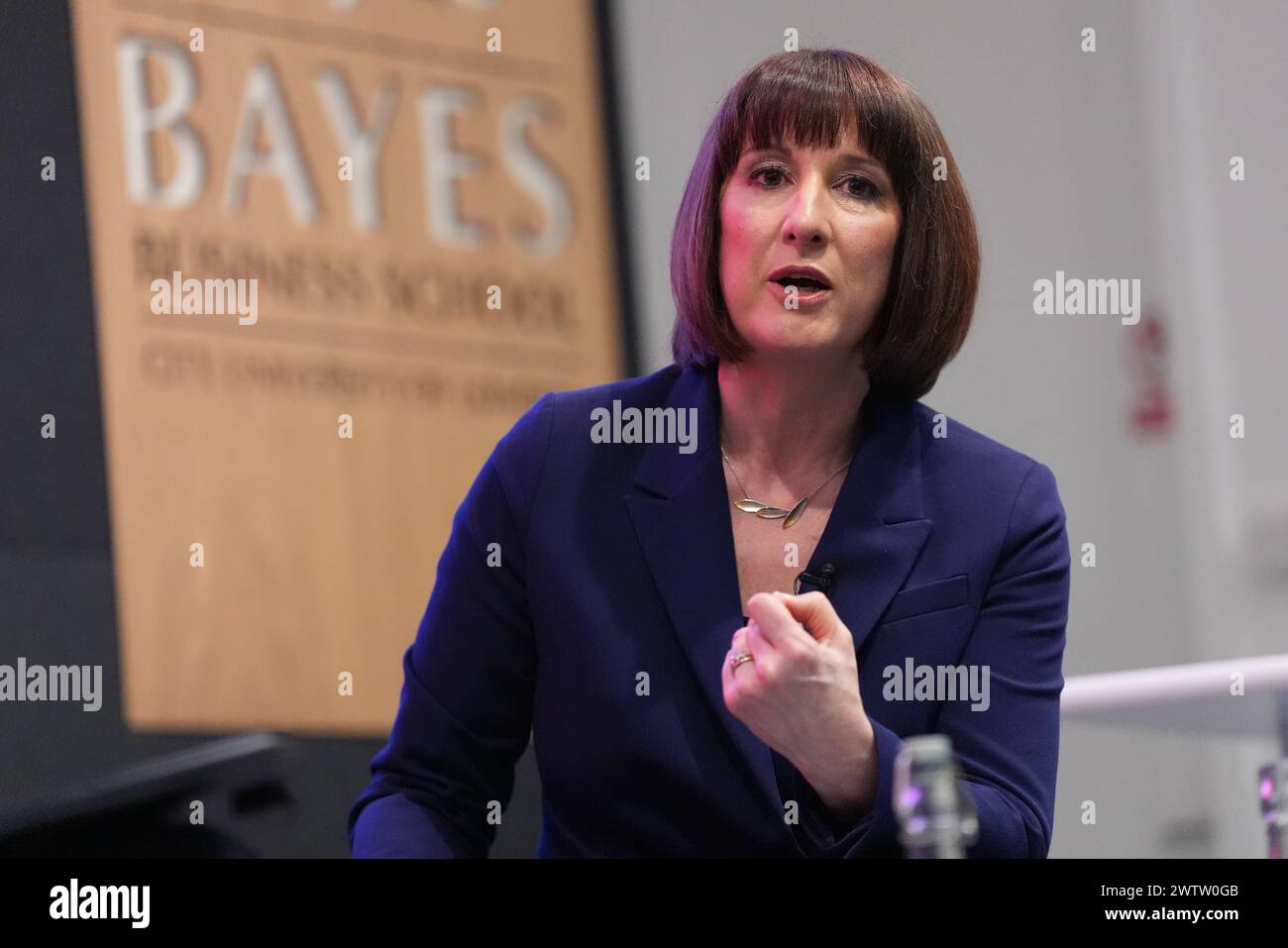Shadow chancellor Rachel Reeves gives a speech at the Mais lecture held at the Bayes Business School, at the City University of London. Picture date: Tuesday March 19, 2024. Stock Photo