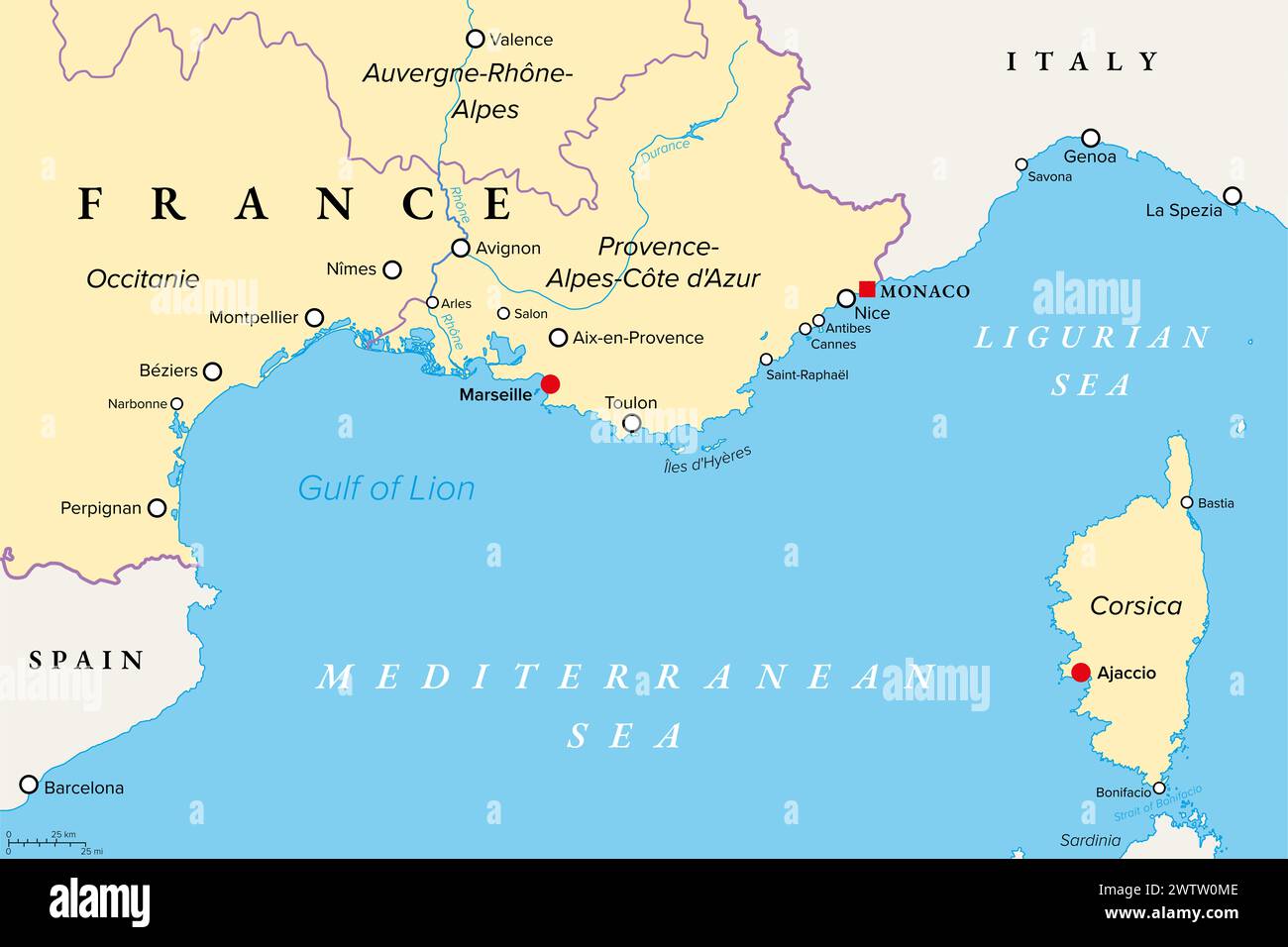 Southern France coastline, political map. Southernmost part of France, that border the Mediterranean Sea. Occitania, Provence, French Riviera, Corsica. Stock Photo