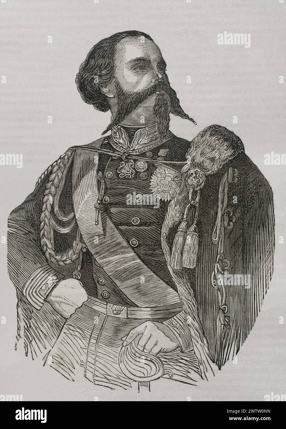 Victor Emmanuel II (1820-1878). Last King of the Kingdom of Sardinia (1849-1861) and the first King of Italy (1861-1878). Portrait. Engraving. 'Historia de la Guerra de Francia y Prusia' (History of the War between France and Prussia). Volume II. Published in Barcelona, 1871. Stock Photo
