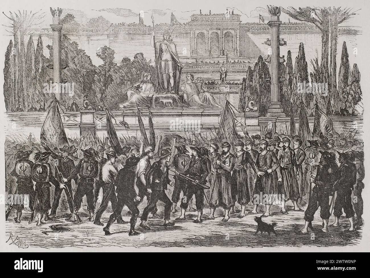 Unification of Italy. Capture of Rome. Occupation of Rome by troops of the Kingdom of Italy led by General Raffaele Cadorna on 20 September 1870. Italian troops taking possession of the Piazza del Popolo, preventing the common people attacking the Papal Zouaves taken prissoners. Drawing by R. Padró. Engraving by Sadurní. 'Historia de la Guerra de Francia y Prusia' (History of the War between France and Prussia). Volume II. Published in Barcelona, 1871. Author: Celestino Sadurní (c. 1830-1896). Spanish engraver. Ramón Padró y Pedret (1848-1915). Spanish painter. Stock Photo