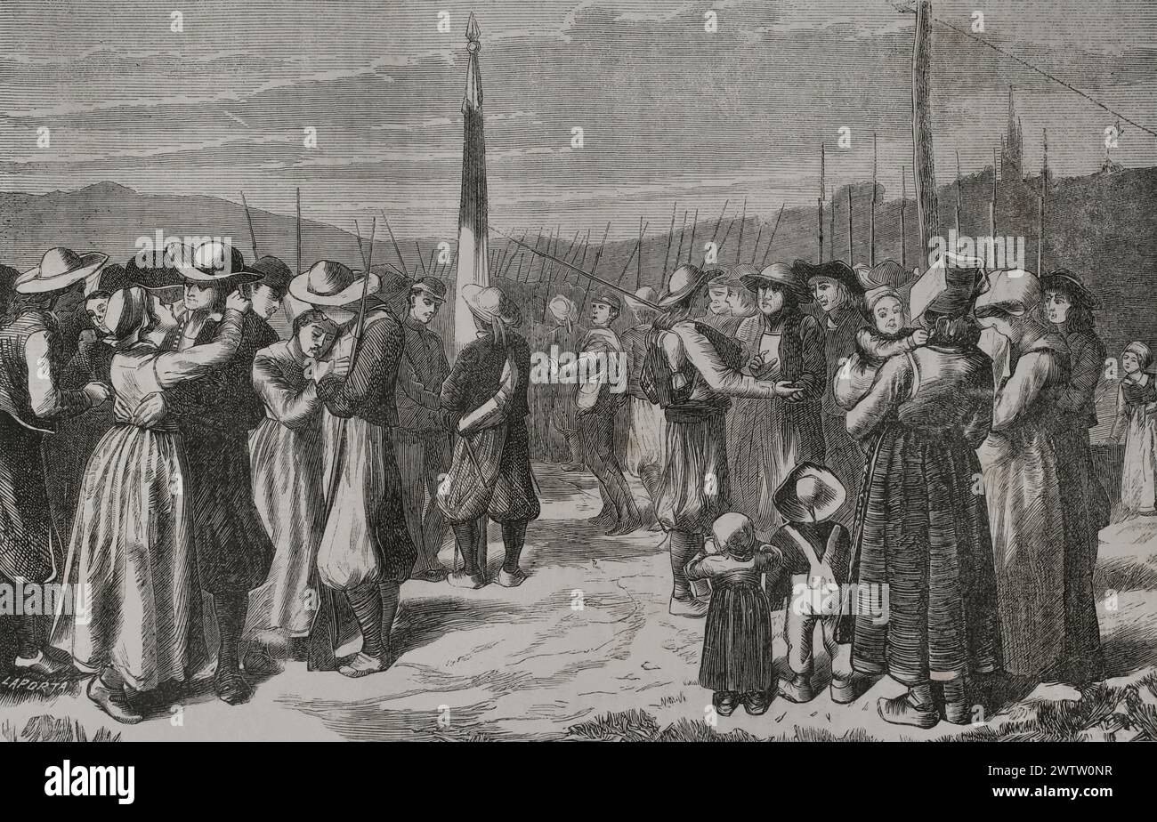 Bretons, Mobile Guard from Brittany. Used by General Trochu (1815-1896) as gendarmerie troops to suppress the revolutionary movement of the Paris Commune in 1871. The Breton Mobile Guard bidding farewell to their families. Engraving by Laporta. 'Historia de la Guerra de Francia y Prusia' (History of the War between France and Prussia). Volume II. Published in Barcelona, 1871. Author: Enrique Laporta (1842-1919). Spanish xylographer. Stock Photo