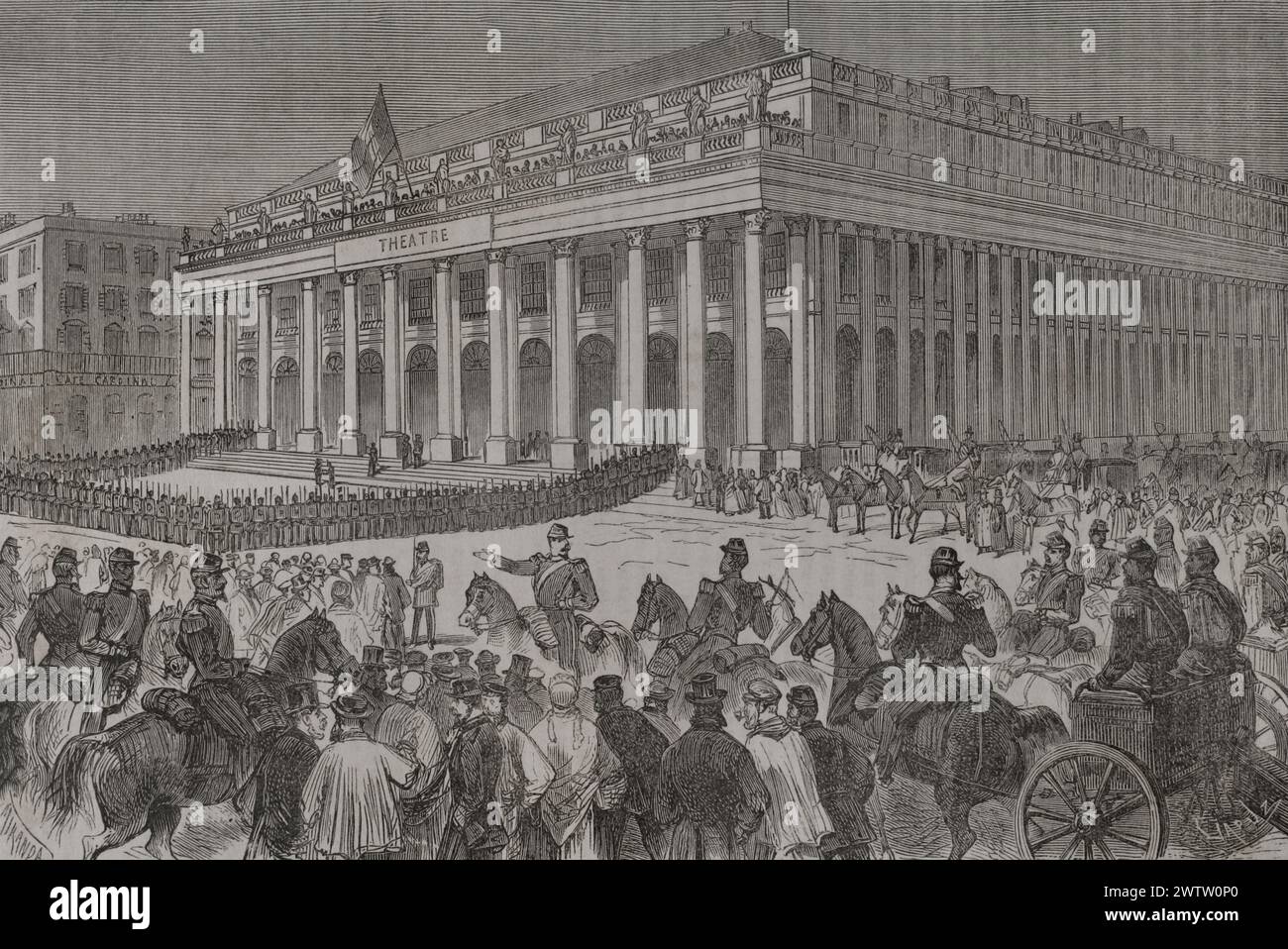 Franco-Prussian War (1870-1871). During the war, the city of Bordeaux temporarily (from 8 February to 20 March 1871) became the seat of the French government. Exterior view of the Grand Théâtre where the National Assembly of the French Parliament met, 13 February 1871. Drawing by Miranda. Engraving by Capuz. 'Historia de la Guerra de Francia y Prusia' (History of the War between France and Prussia). Volume II. Published in Barcelona, 1871. Author: Fernando Miranda. 19th-century Spanish draughtsman. Tomás Carlos Capuz (1834-1899). Spanish engraver. Stock Photo
