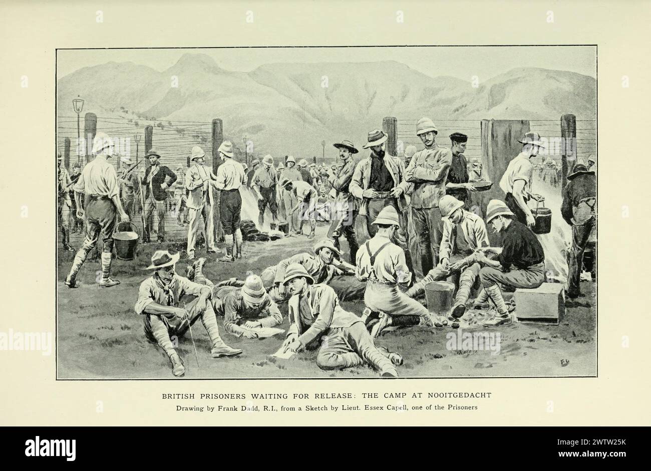 British Prisoners Waiting for Release : The Camp at Nooitgedacht.  Vintage Archival Plate from the Second Boer War, 1899-1902, South Africa.    From South Africa and the Transvaal War, by Louis Creswicke, published 1899 Stock Photo