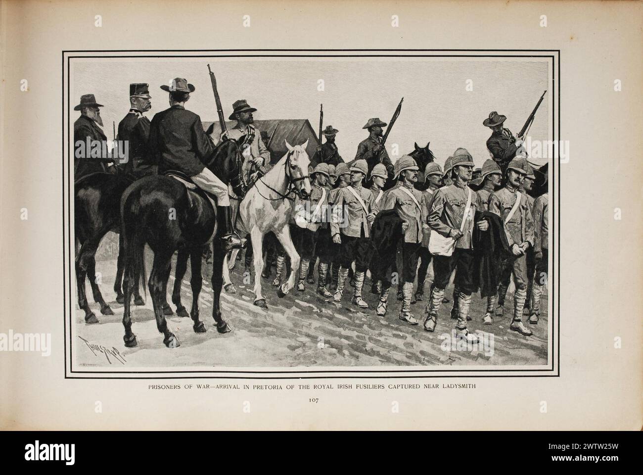 Prisoners of War - Arrival in Pretoria of the Royal Irish Fusiliers Captured near Ladysmith. Vintage Archival Plate from the Second Boer War, 1899-1902, South Africa.  From A.T.Mahan's The war in South Africa; a narrative of the Anglo-Boer war from the beginning of hostilities to the fall of Pretoria Stock Photo