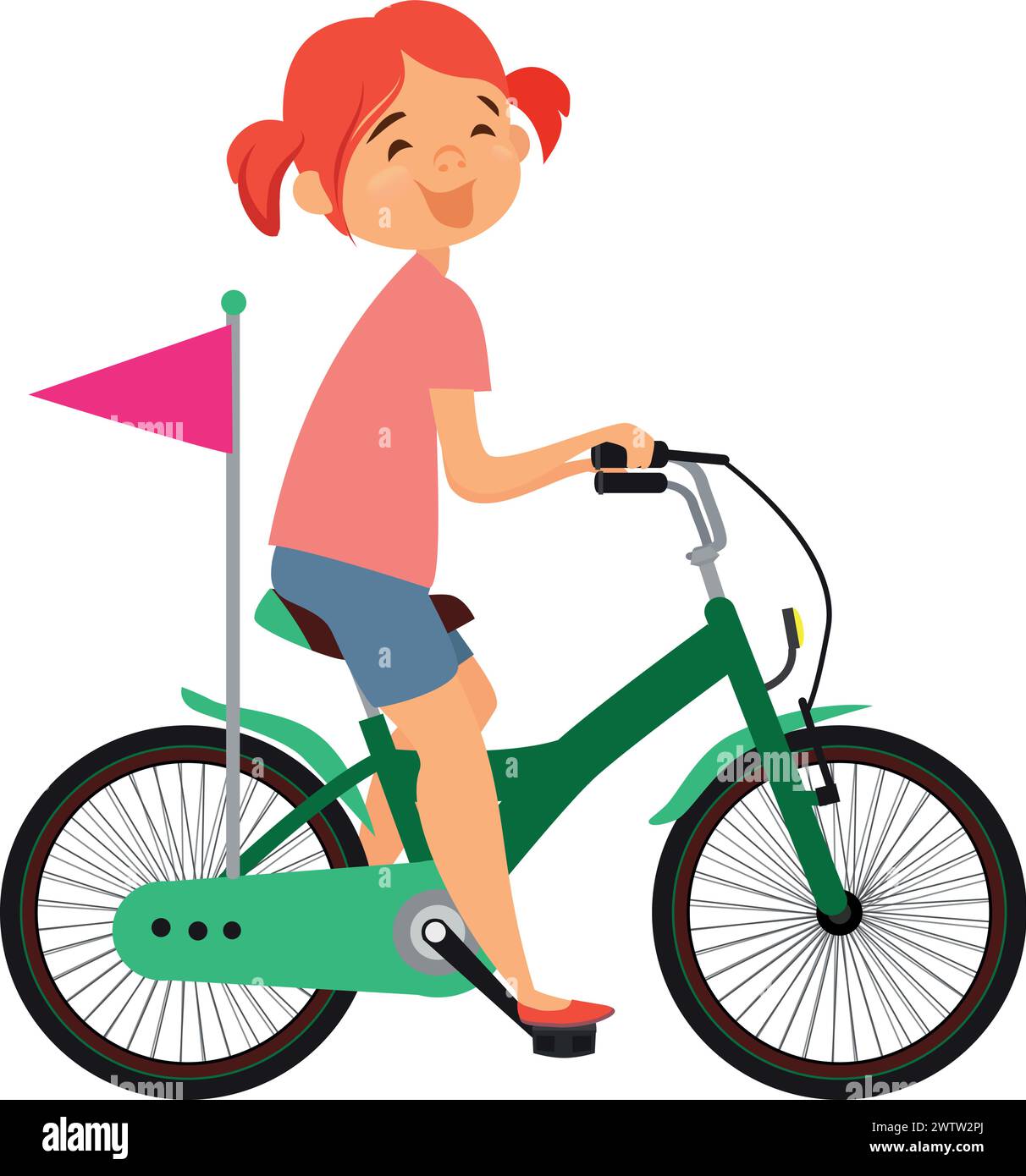 Happy girl riding bicycle. Traveling kid laughing Stock Vector