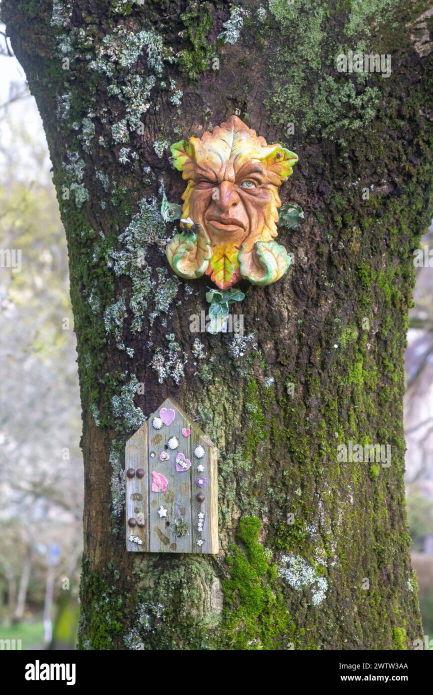 Novelty ornamentation on the hugh trunk of an old  tree growing in the neglected Kennedy Park at ballinatemple on the Monaghan Road on the outskirts o Stock Photo