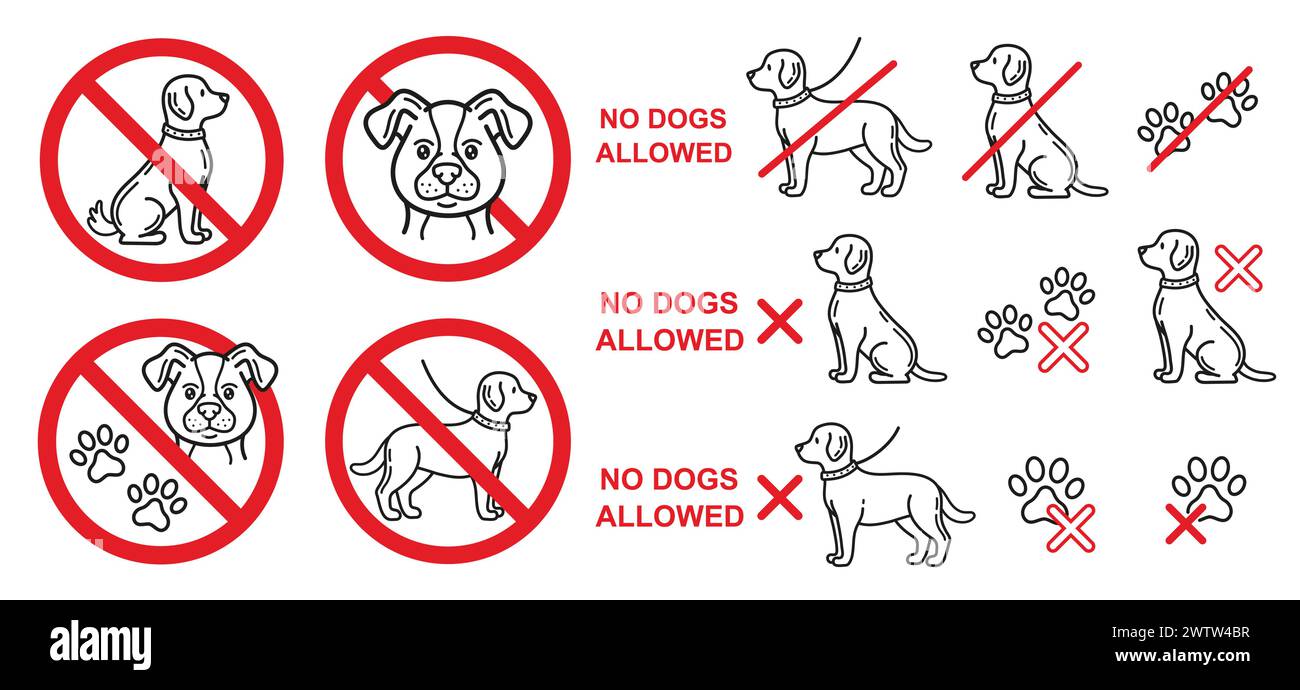 No dog animal allowed, prohibition sign, pet entry forbidden, danger for canine line icon. Not walk doggy in public zone. Warning stop symbol. Vector Stock Vector