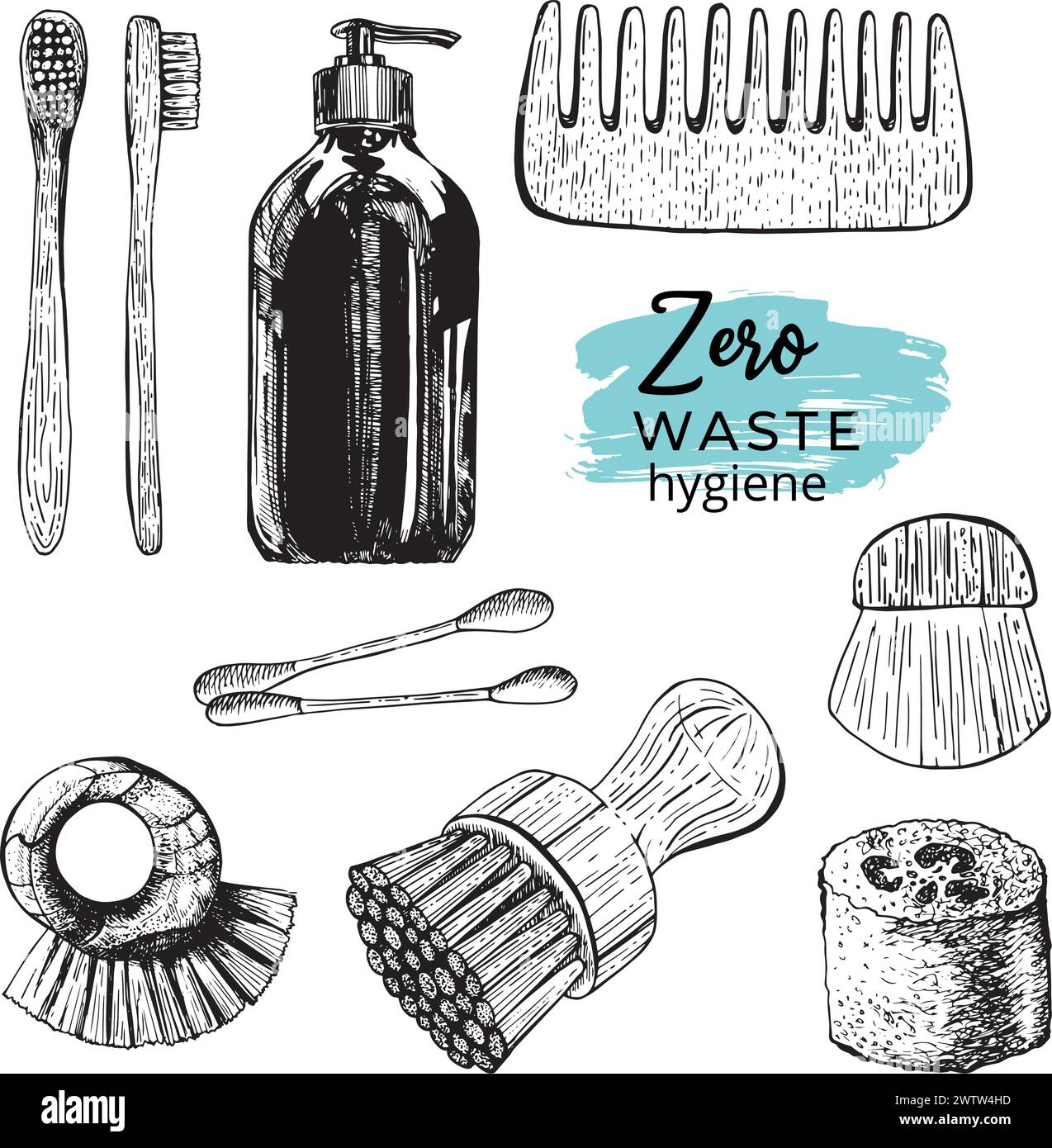 Zero waste vector illustration set. Hand drawn environment-friendly graphic collection of zero waste shopping simple black outlined icons with writing Stock Vector