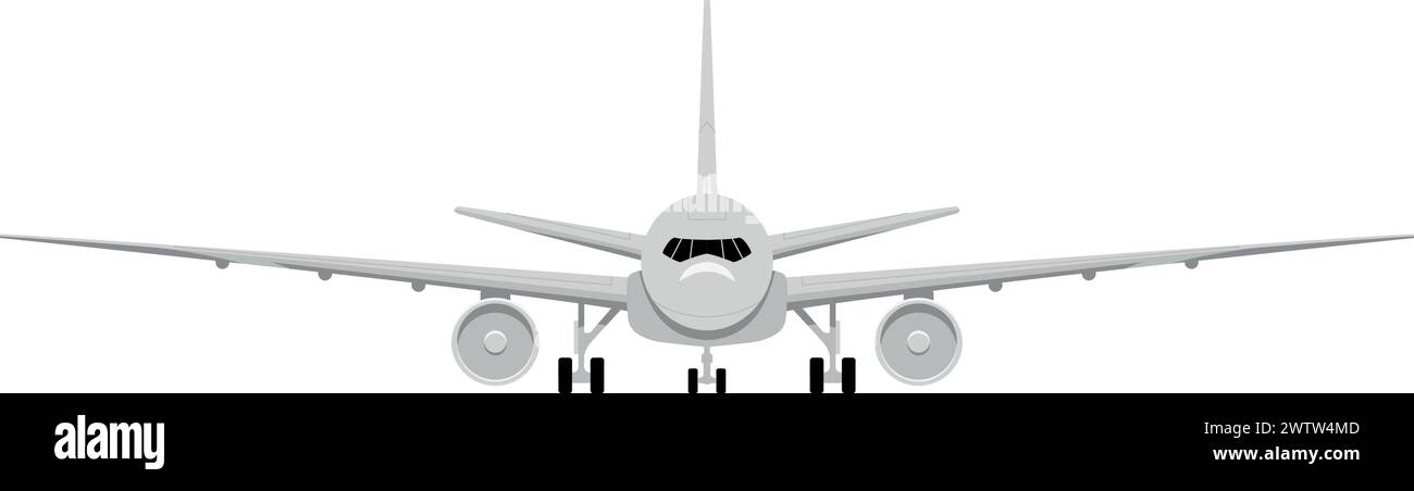Flying airplane front view. Passenger realistic aircraft Stock Vector