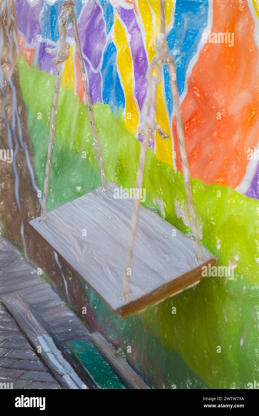 A captivating photo of an empty swing with a vibrant abstract mural backdrop in a playful setting Stock Photo